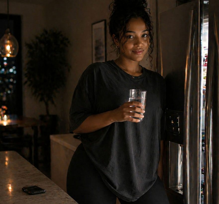 A woman at home in the evening with a glass of water